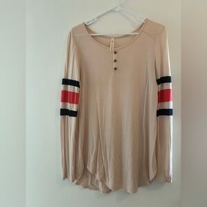 Vanilla Bay Beige Long-Sleeve Henley with Navy and Red Sleeve Stripes